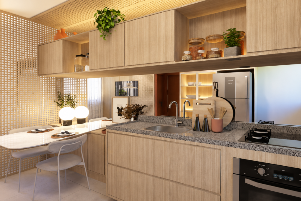 Soluções sustentáveis para casa própria. Interior de casa de 72 m² do Nova Quinta, em Bauru, bacão da cozinha mostrando lâmpadas LED.
