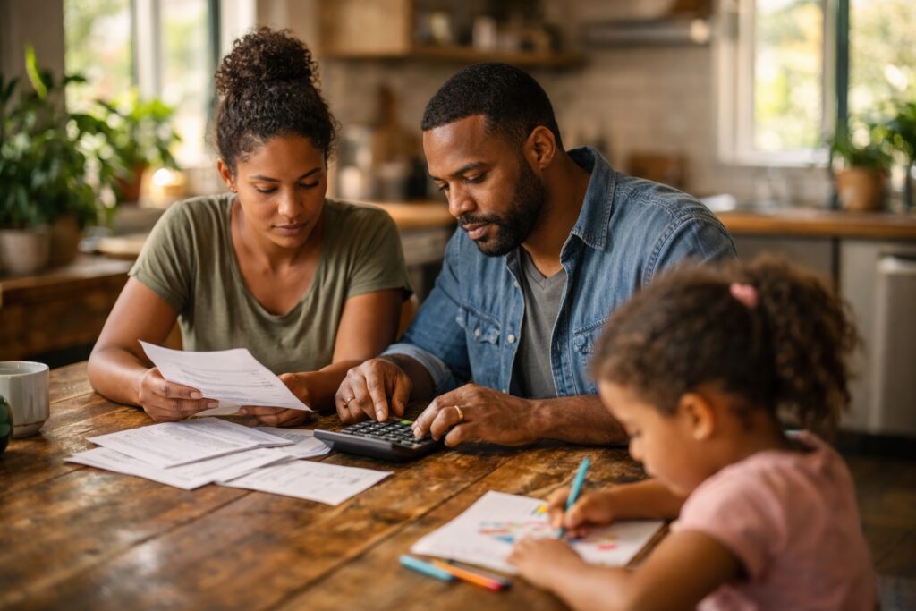 Análise de crédito imobiliário. Família afrobrasileira de três, mãe, filha pequena e pai, interior de cozinha, sentada na mesa. A menina está desenhando, enquanto pais organizam as finanças.