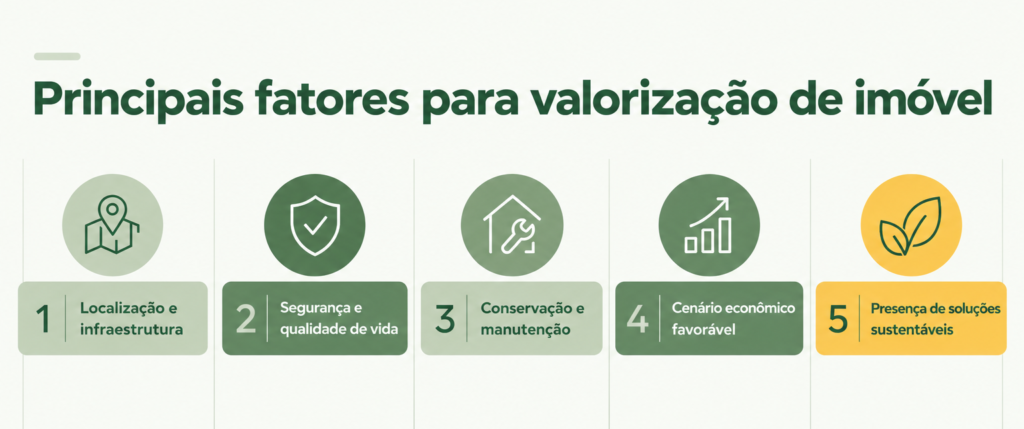 Valorização de imóvel. Infográfico na paleta de cores Ecovita, ilustrando os 5 principais fatores que valorizam um imóvel.